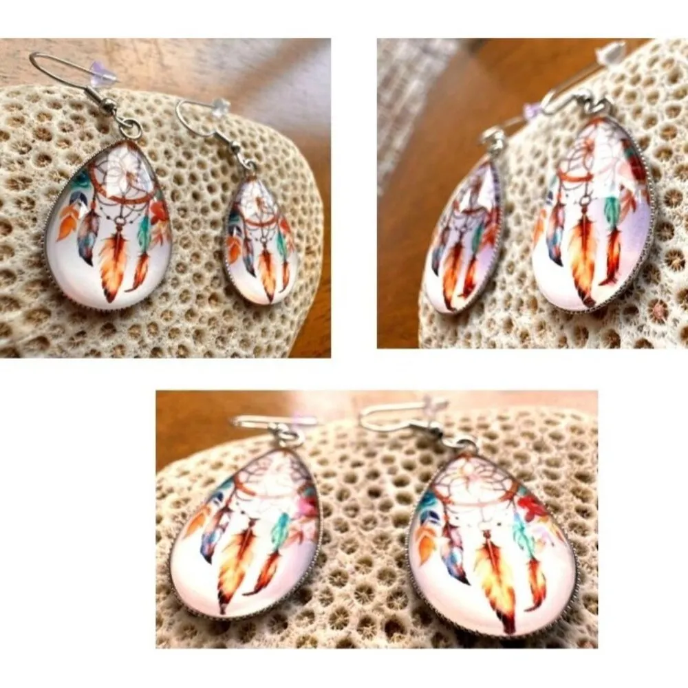 Native American Dreamcatcher Earrings New Teardrop Feathers Reservation … White - Image 4