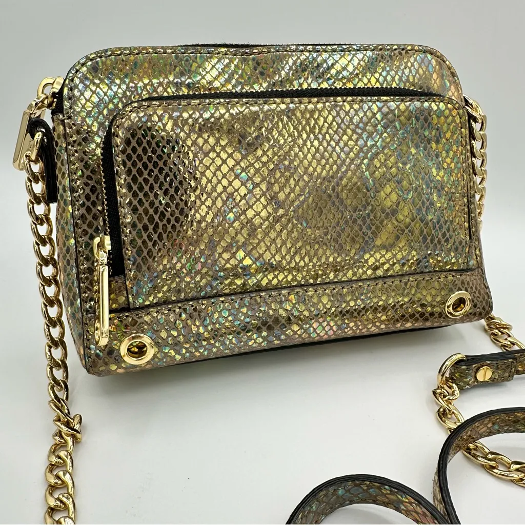 Milly Metallic Iridescent Gold Mini Crossbody Snakeskin Party Bag Chain Strap - Image 2