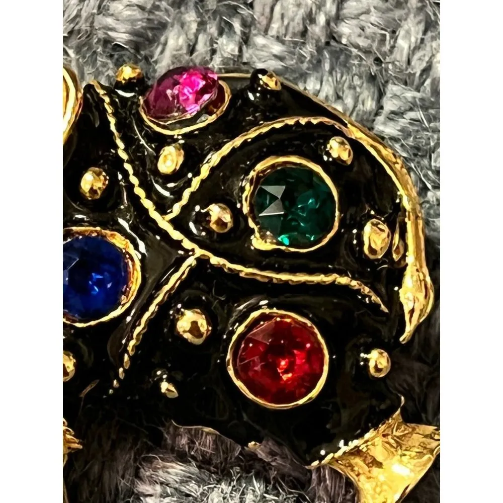 Vintage Elephant Brooch Pin Black Enamel Rhinestones Gold Tone Trunk Up 2" - Image 2