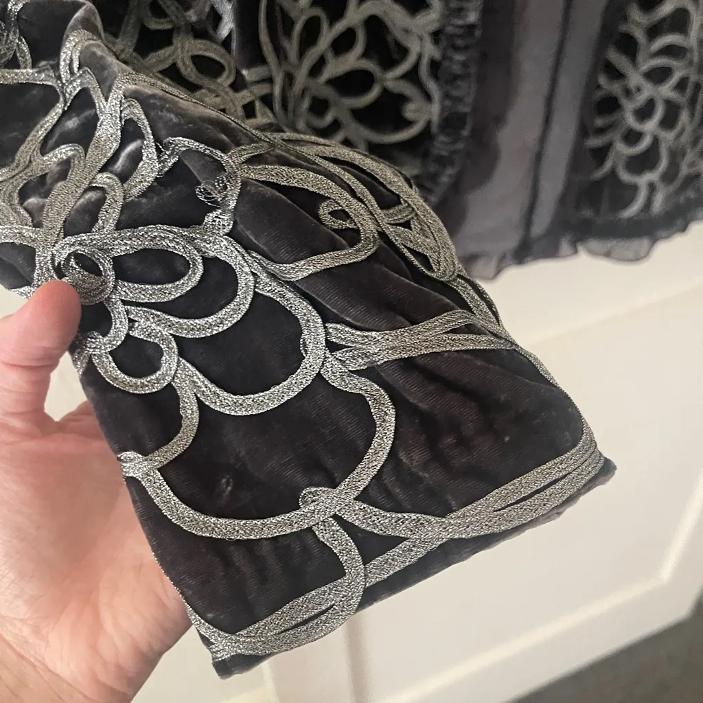 VTG CHICO Grey Metallic floral JACKET Blazer Bohemian Ruffle Artisan Sz 2 - Image 7