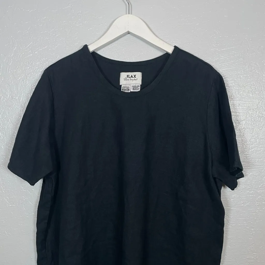 Flax Women M Black Linen Blouse Short Sleeve Oversized Lagenlook Minimalist - Image 3