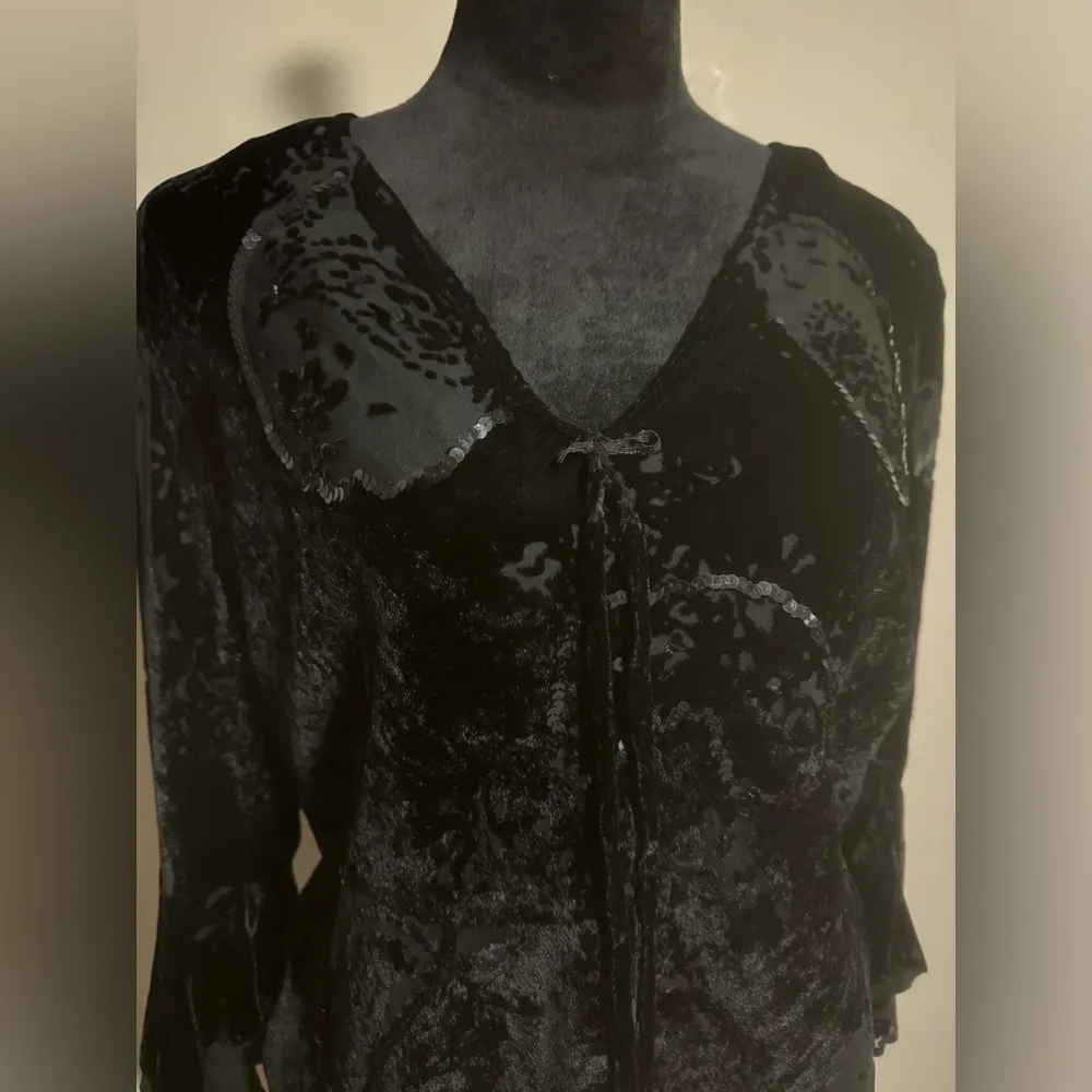 EUC Alexandra Bartlett Black Crushed Velvet Boho Goth Blouse size large - Image 2