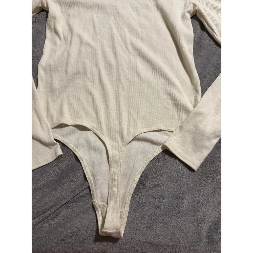 Open Edit SZ Large Women Cream Long‎ Sleeve Ribbed Bodysuit Organic Cotton Blend - Image 6
