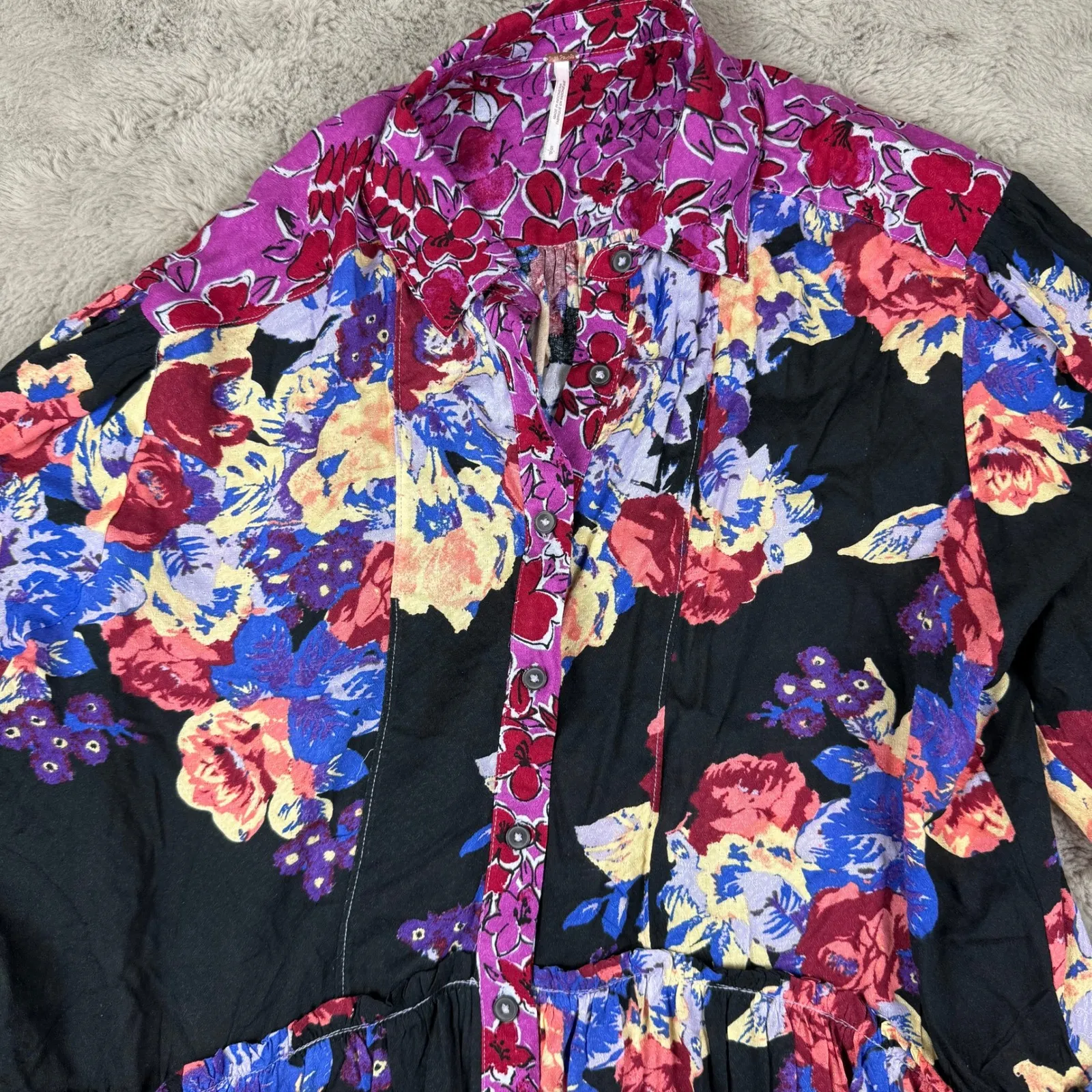 Free People‎ Floral Brunch A Bunch Floral Tunic Top Bohemian Black Size S Summer - Image 5