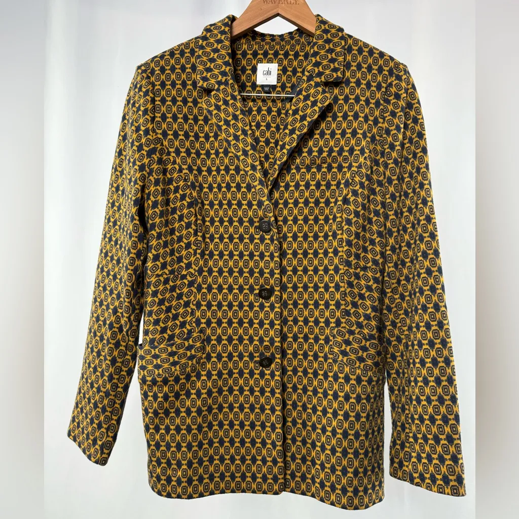 CAbi Kensington Knit Medallion Blazer Skirt Suit‎ Set in Mustard Navy Size Large - Image 3