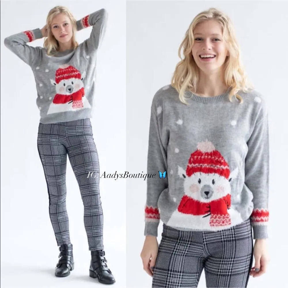POOF New York Holiday Polar Bear Crewneck Sweater in Grey Size M New w/Tag - Image 12