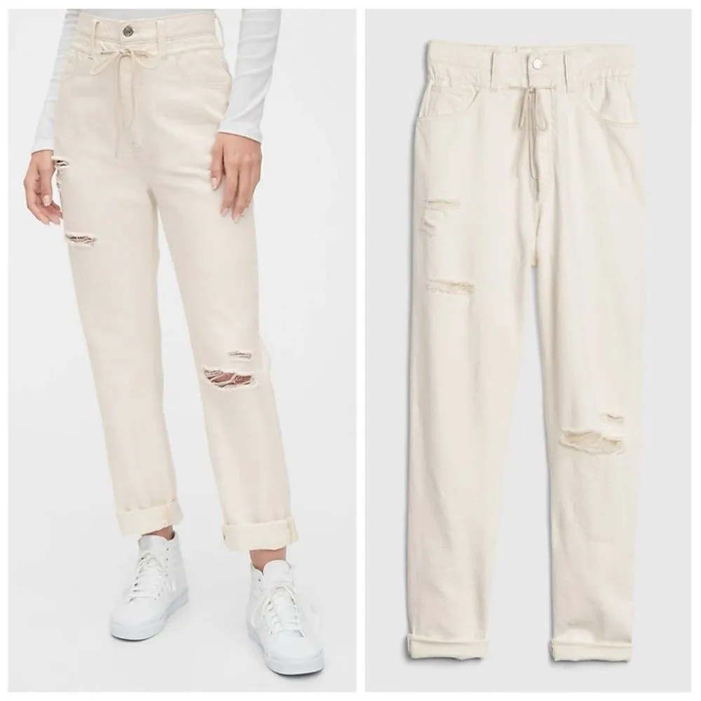 New GAP Off White Boyfriend High Rise Drawcord Distressed Jeans Size 10/30 - Image 6