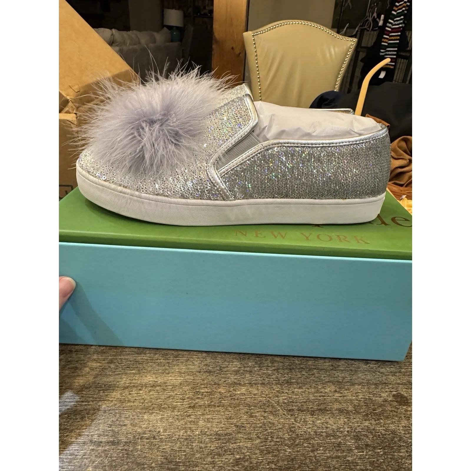 Kate Spade New York Latisa Women Pom Pom Sequin Sneaker Silver Iridescent Size 8 Gray - Image 4