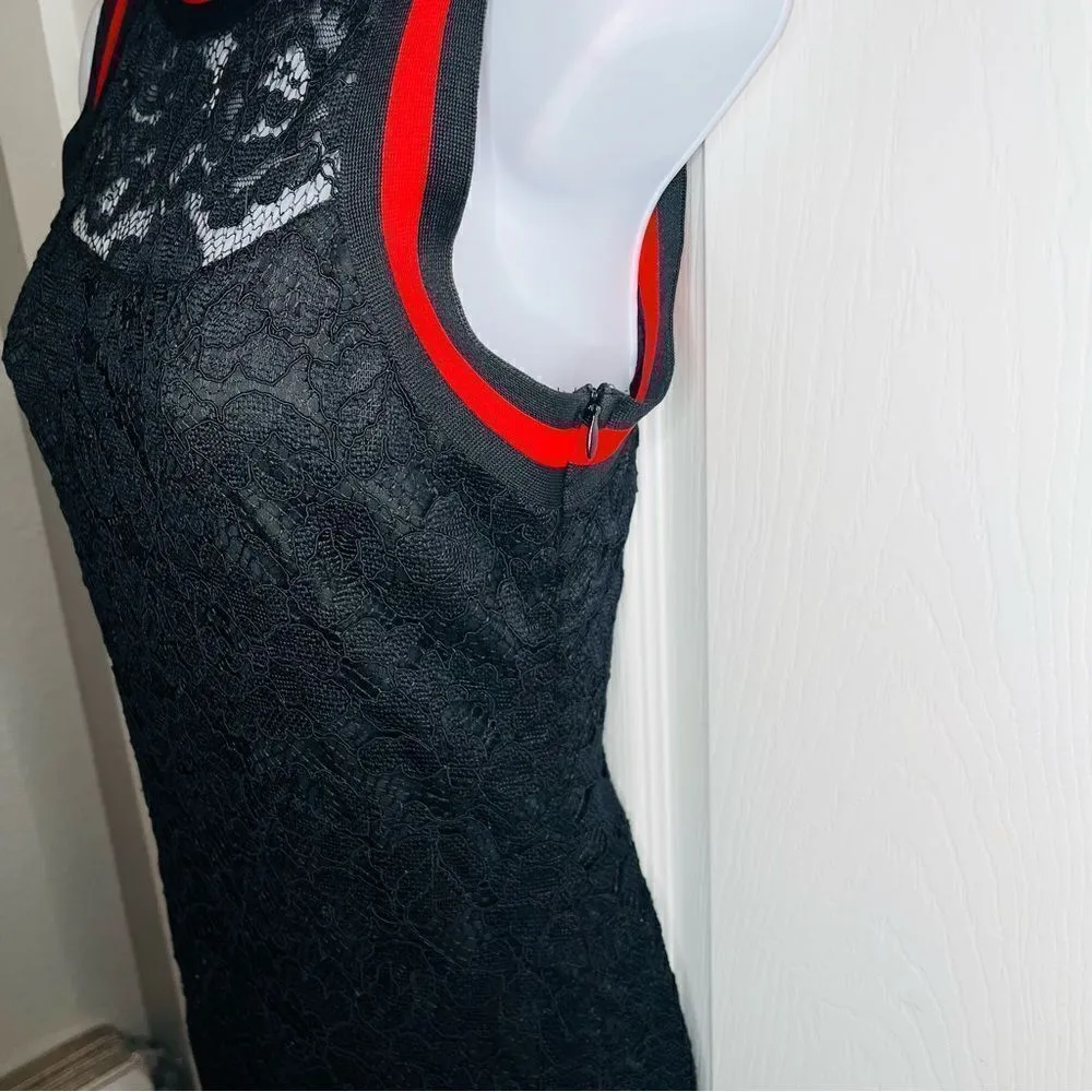 BAKU Fitted Black Lace Midi Dress Red Stripe Trim S - Image 6