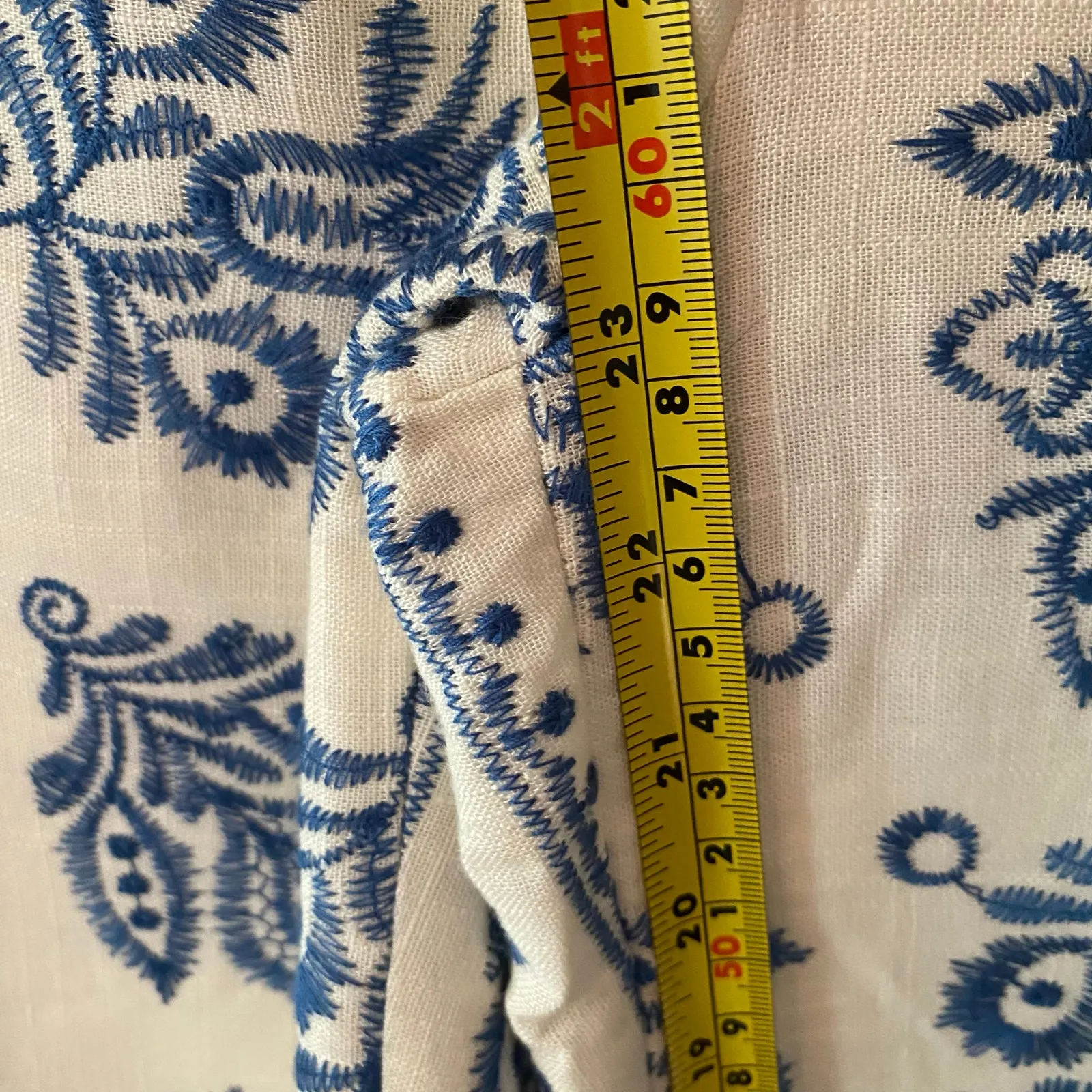 Zara Cream Blue Embroidered Viscose Linen Blend Wide Leg Pants Women size Medium - Image 12