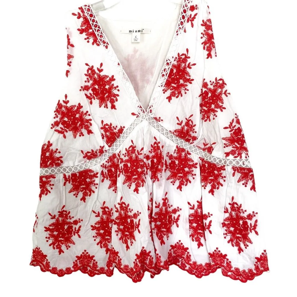 Miami White Red Floral Embroidered Lace V-Neck Sleeveless Blouse Tank Top L - Image 4