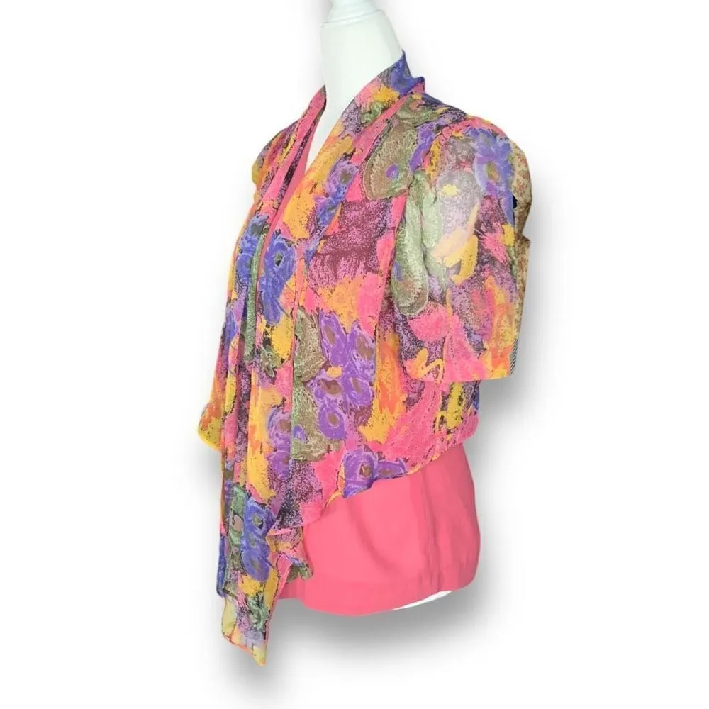 Vintage Jolly King Blouse Pink Button Front Sheer Abstract Art Scarf Overlay Size M - Image 6
