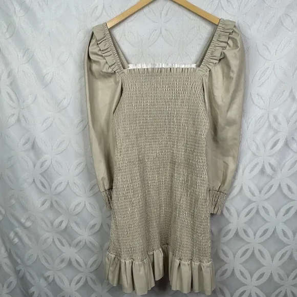 7 For All Mankind Smocked Square Neck Puff Sleeve Mini Dress Tan Size L‎ NWT - Image 3