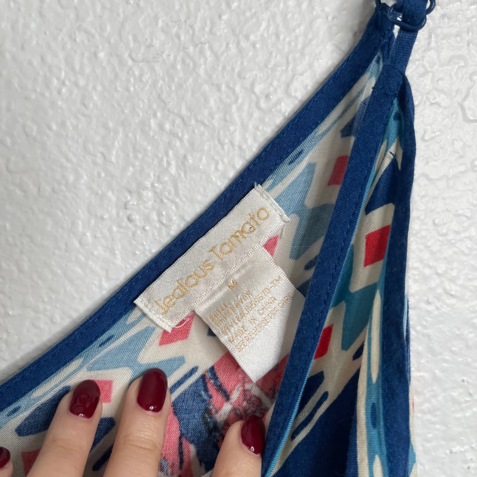 Jealous Tomato Women's M Blue Red Feather Print V Neck A Line Midi Dress - Image 3