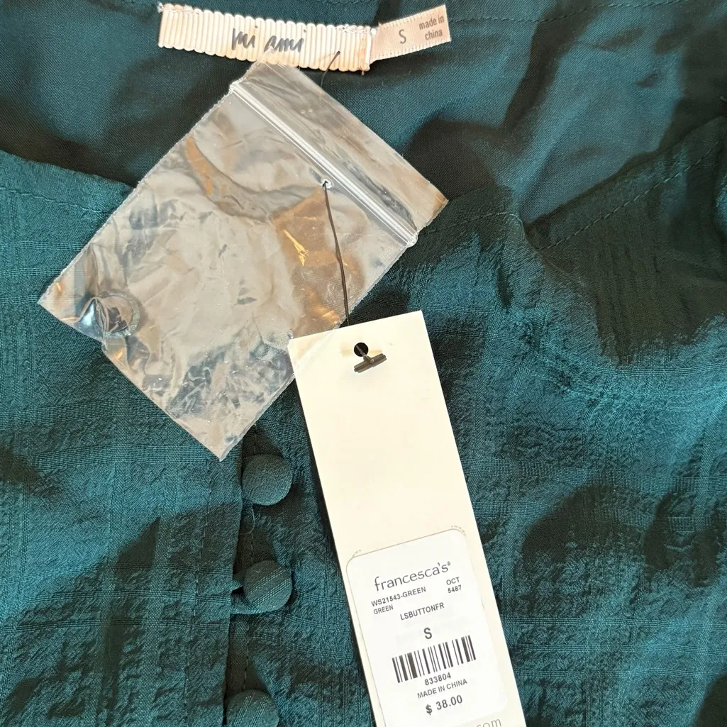 Mi Ami Green Peasant Blouse Cropped Top Sheer Long Holiday Plaid Women Small NWT - Image 6