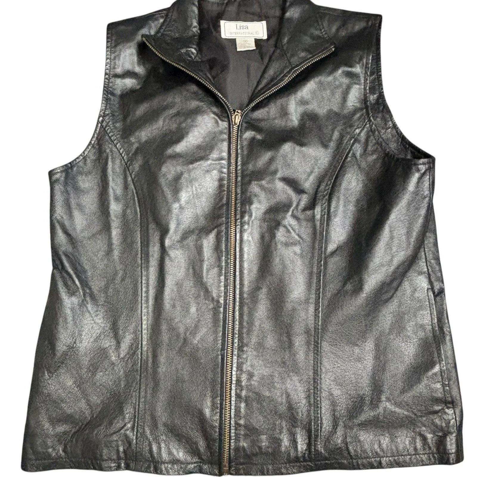 Vintage Lisa International Women’s M Black Genuine Leather Collard Zip Up Vest Size M - Image 2