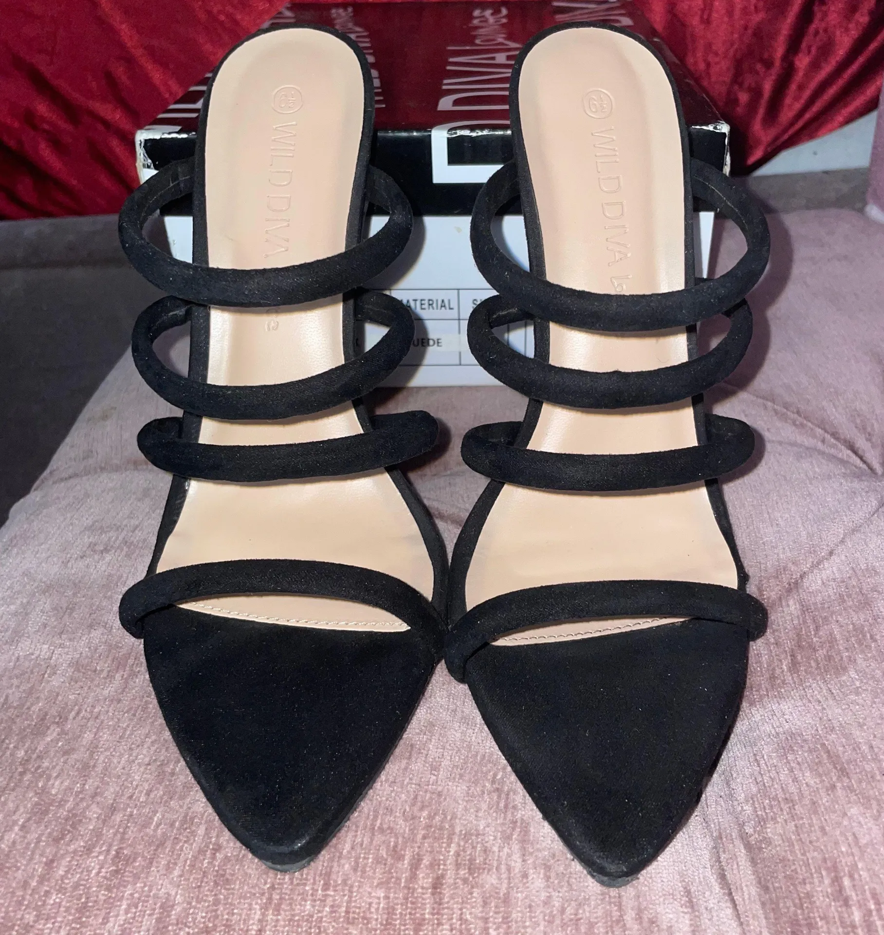 Black Strapped Suede Velvet Heels Size 6.5  - Image 4