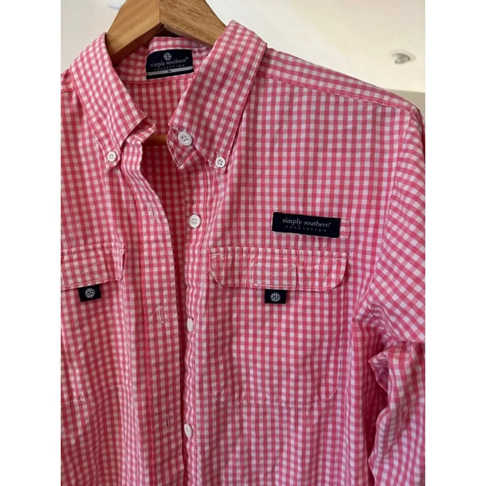 Simply Southern Button Down Shirt Pink Gingham XL - Image 3