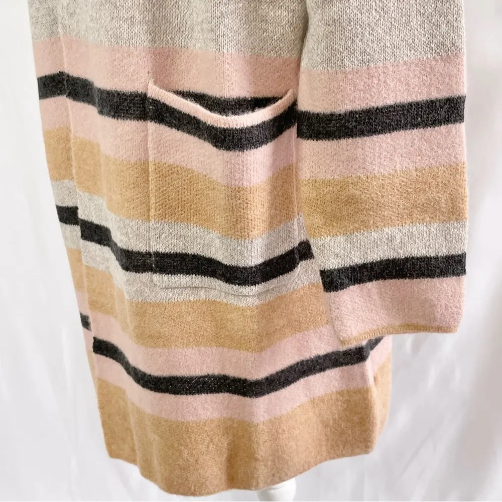 Striped Open Front Long Cardigan Grey Brown Pink Size Large - Image 5