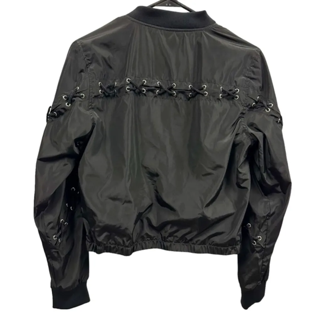 Rock & Republic Lace Up Cropped Black Zip Up Lightweight Bomber Jacket Womens S - Image 2
