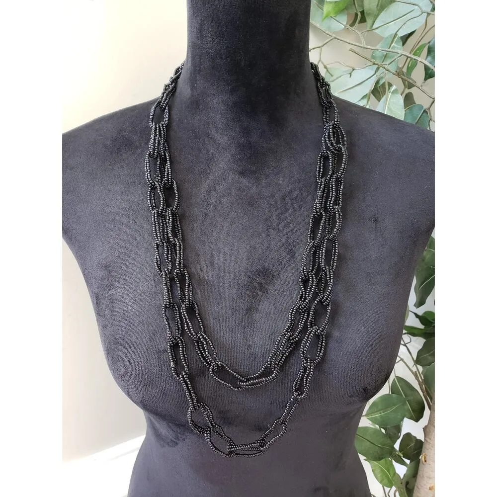 Women Fashion 2 Strand Black Seed Bead Chain Necklace Jewelry with Lobster Clasp - Image 2