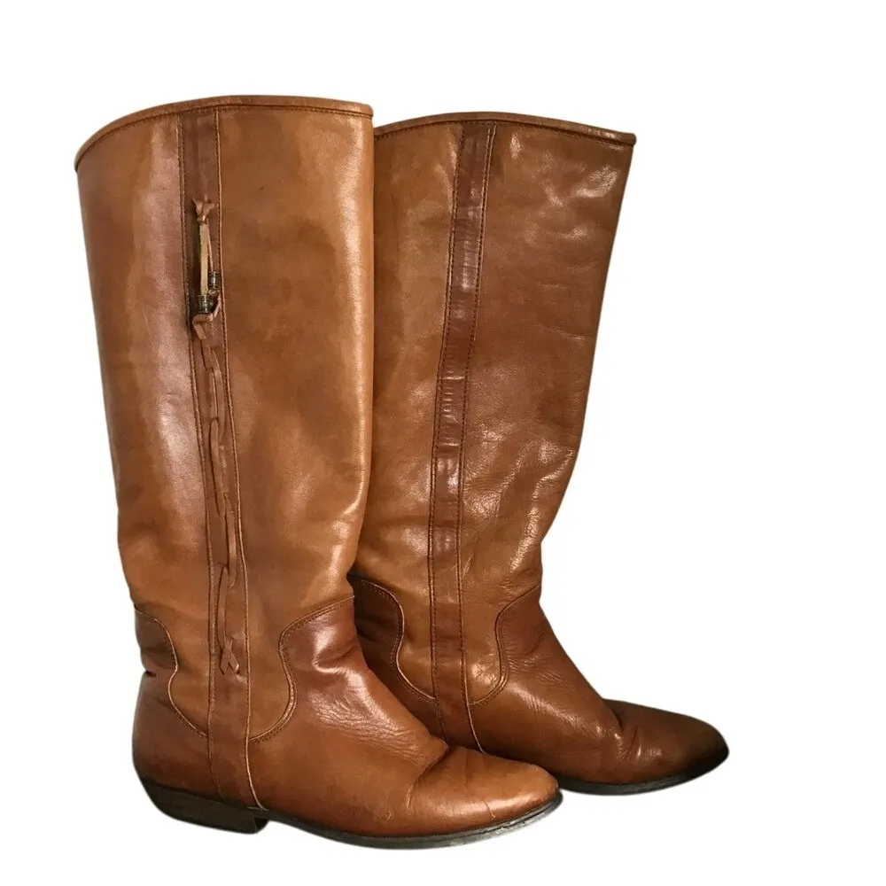 Santana Canada Women's Brown Leather Equestrian Slip‎ On Plaid Lining Boots Sz 7 - Image 4