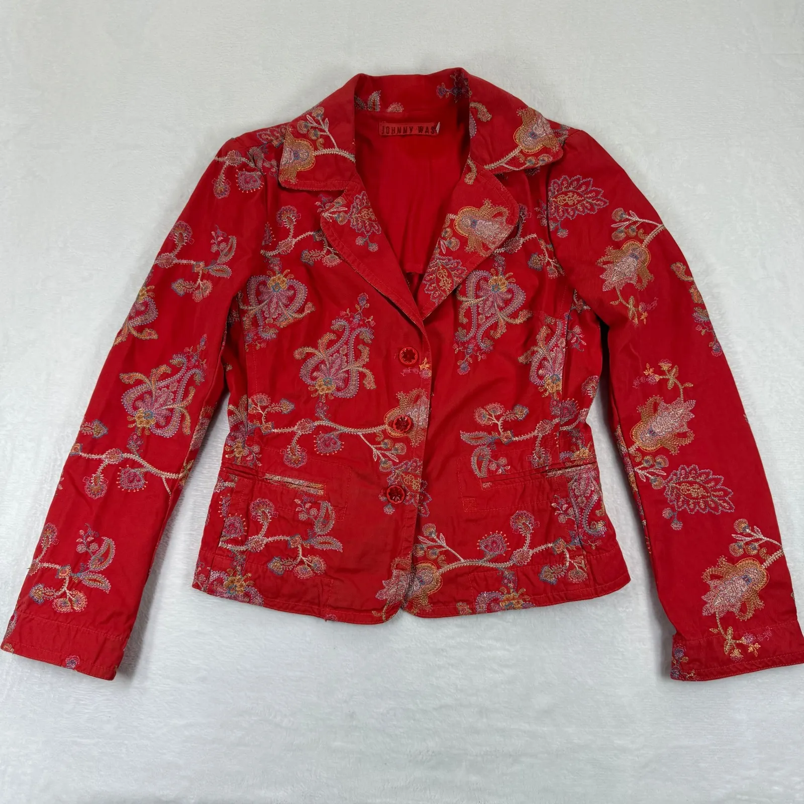 JOHNNY WAS Red Embroidered Floral Paisley Blazer Jacket Womens Size M - Image 2