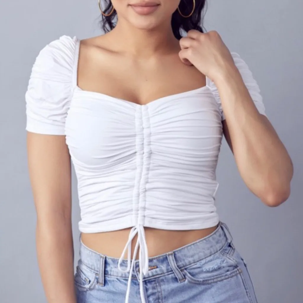 ModifyT‎ by Michel Women Cottagecore White Ruched Puff Sleeve Cropped Top Size L Size L - Image 1