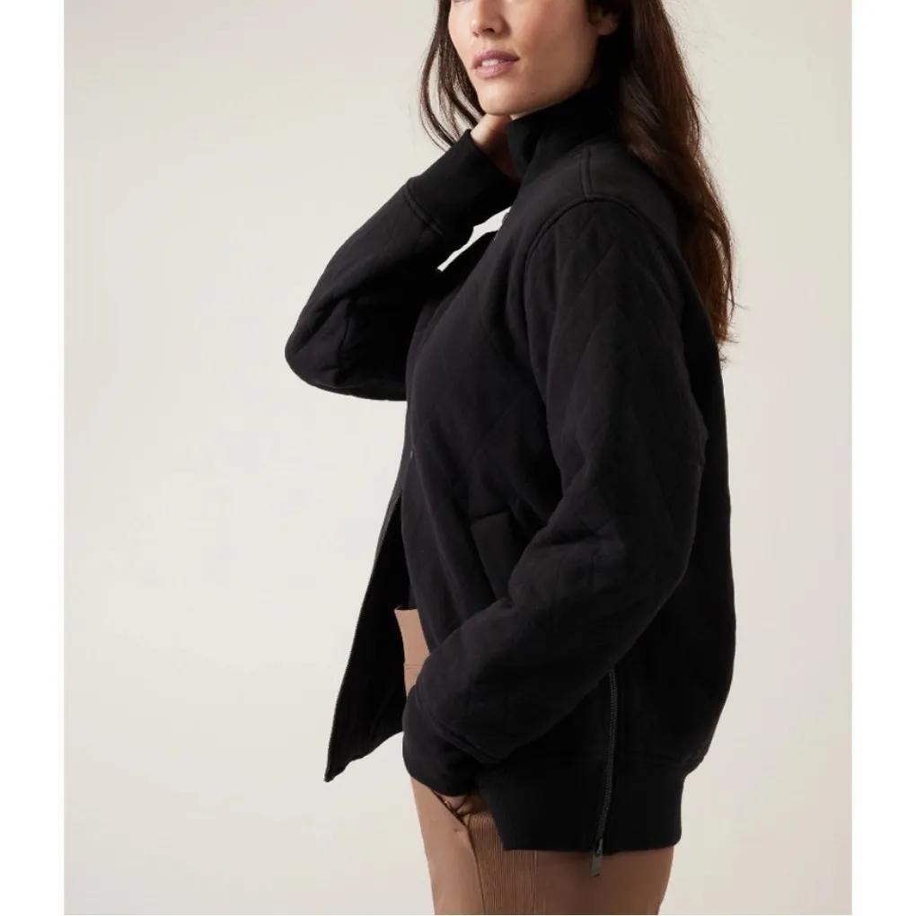Athleta Retroplush Quilted Bomber Jacket Black Zip Oversized Yoga Soft Pocket M - Image 3