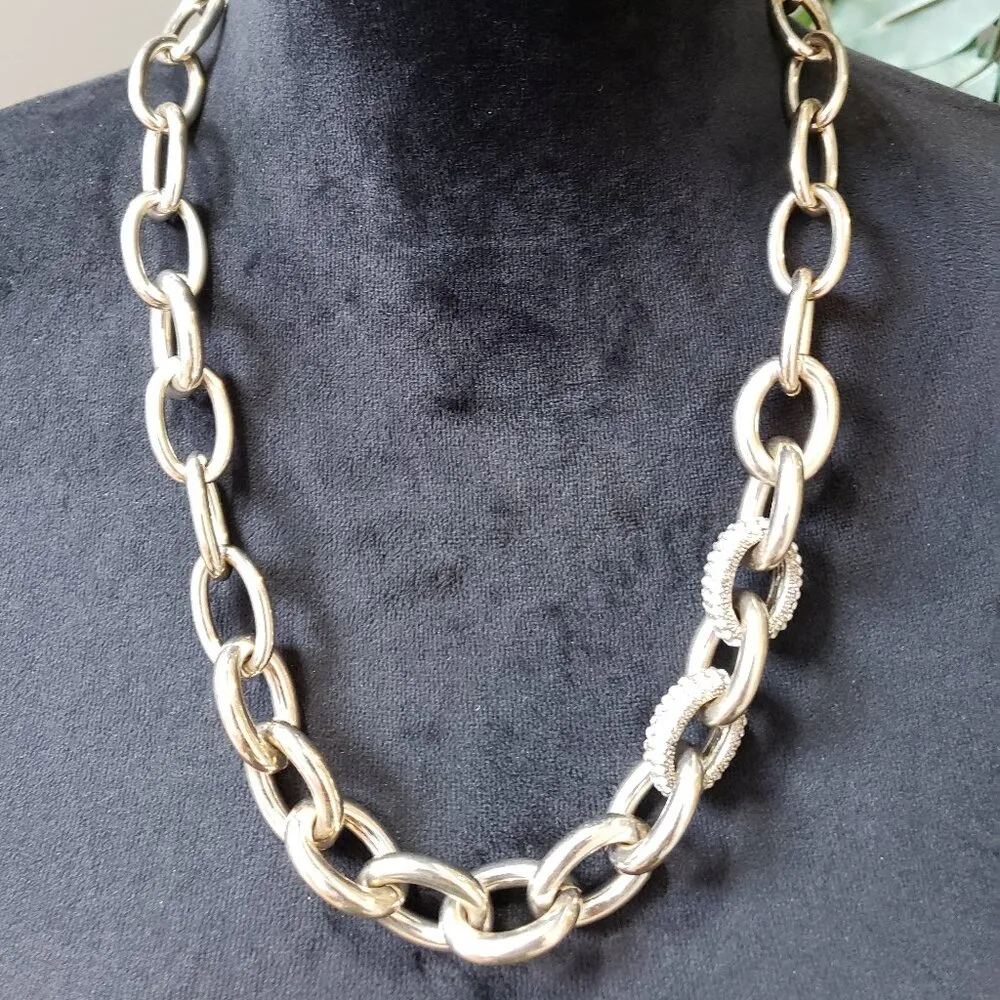 Loft Women Fashion Silver Tone Pave Rhinestone Bold Link Necklace w/ Lobster - Image 2