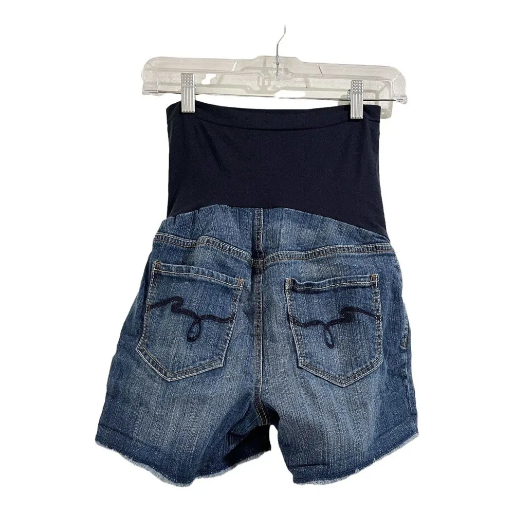 Indigo Blue Stretch Denim Full Panel Raw Hem Maternity Shorts Size Small - Image 2