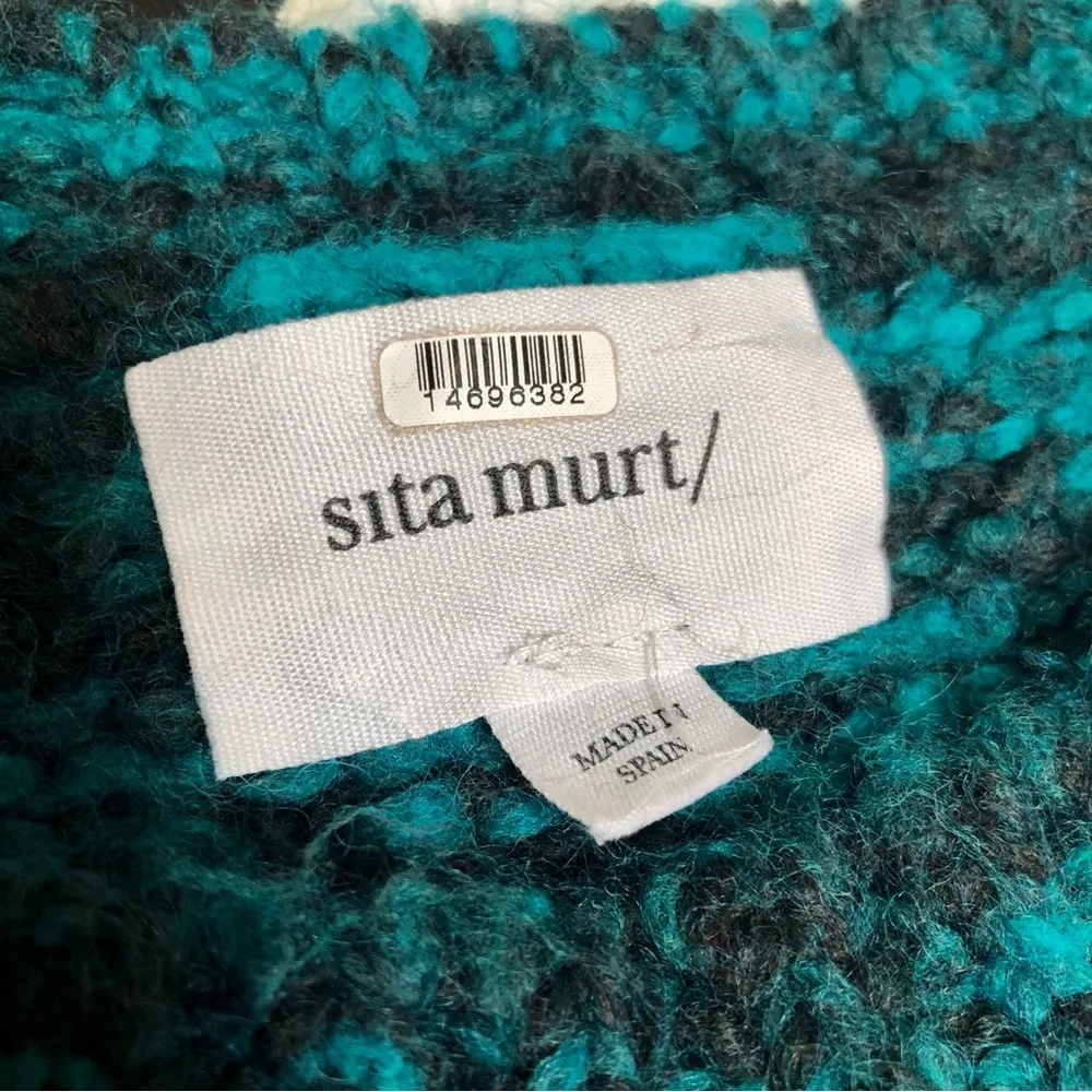 Chunky Open Cable Knit Crochet Sweater Teal Turquoise & Black Woven M - Image 12