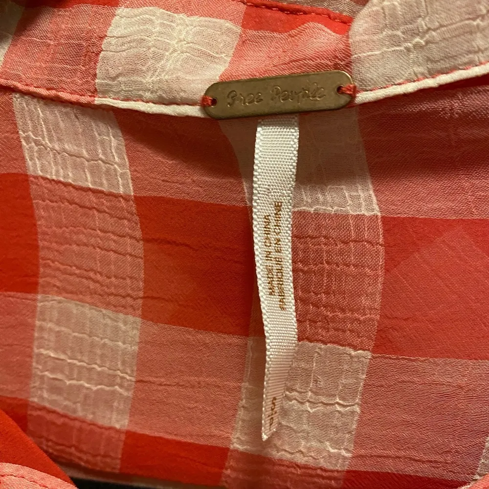 Free People Red & White Gingham Sheer Button Down Blouse Size Small - Image 5