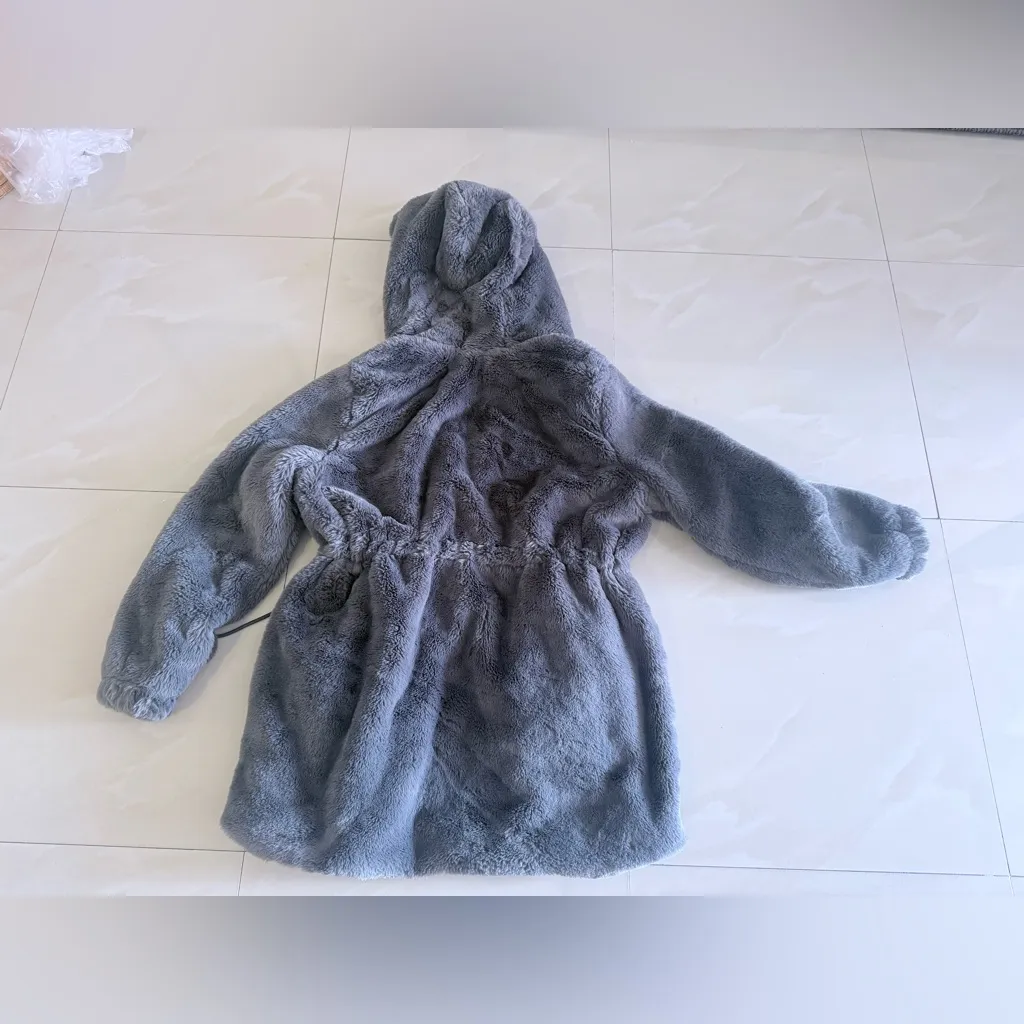 Elegant Gray Faux Fur Trimmed Women's Coat size 1X drawstring waist full zipper - Image 15