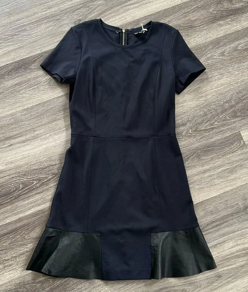 Club Monaco Black Navy Dress 12 Mini Chic Leather Trim Cocktail - Image 2