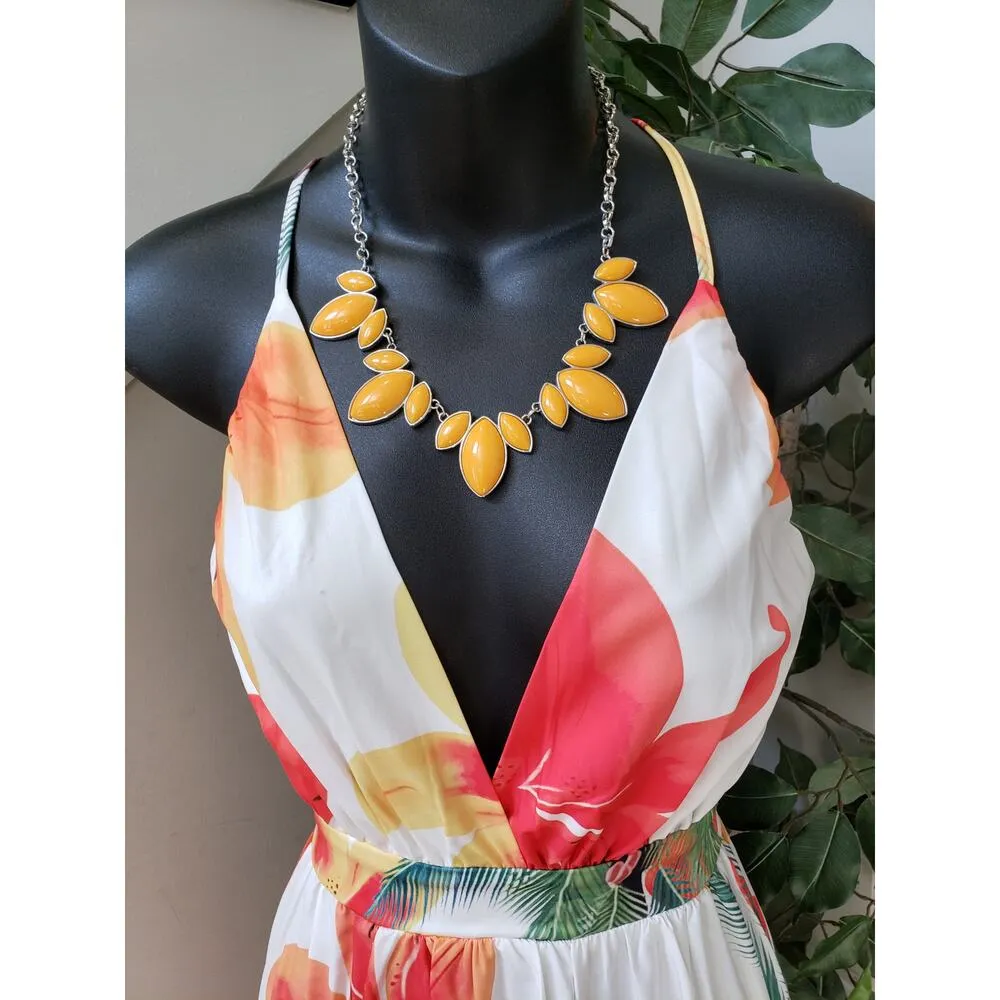 Long Maxi Dress Womens Small Multi Floral Print Back Zip Sleeveless Deep V Neck White - Image 2