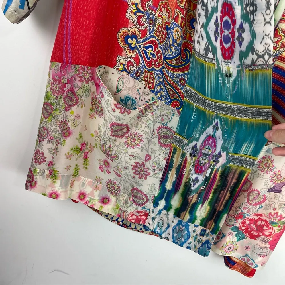 Johnny Was Patchwork Print Multicolor Silk Kimono Top Oversized Sz XS - Image 10