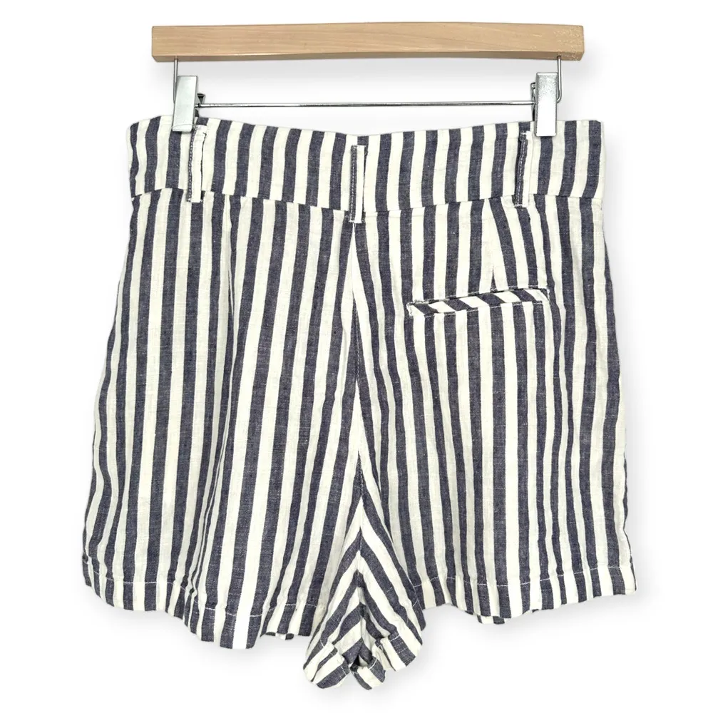 Cynthia Rowley | Size 8 | 100% Linen Navy White Stripe High Rise Paperbag Shorts - Image 4