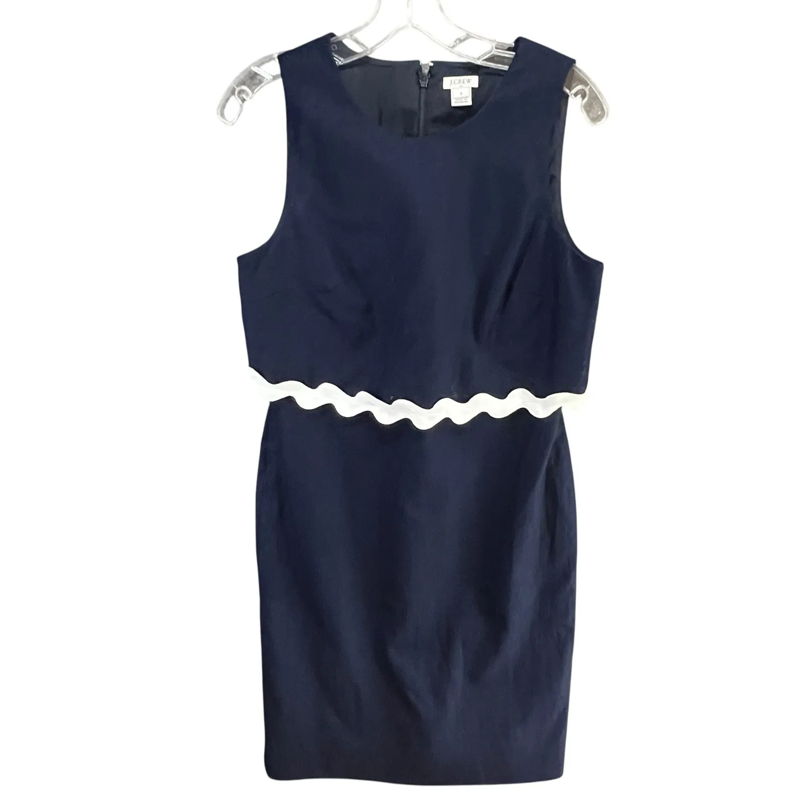 J Crew Sheath Dress Size 8 Blue White Rickrack Trim Linen Blend Classic Preppy - Image 3