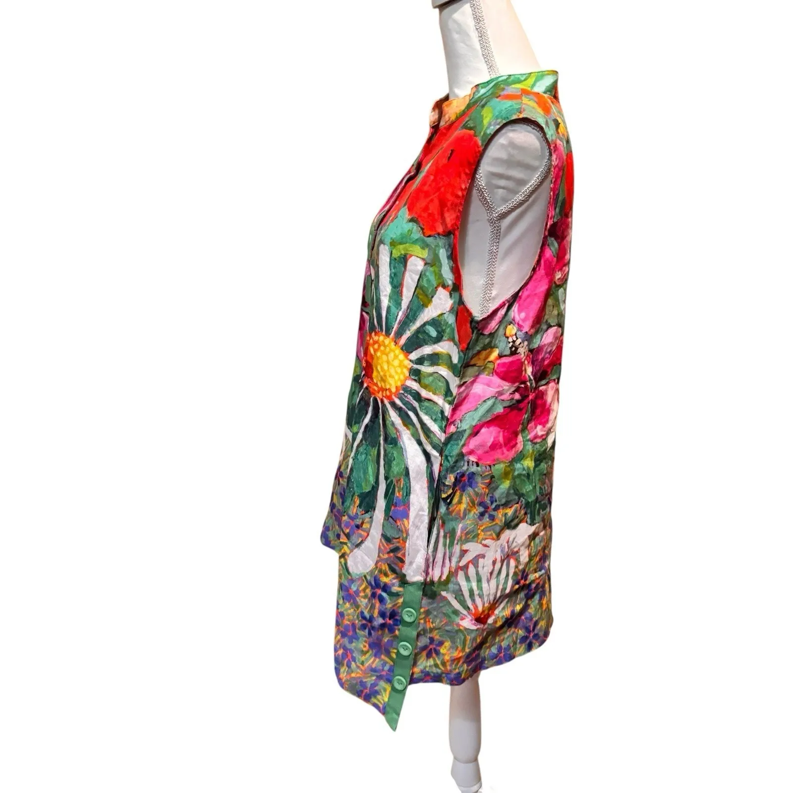 Claire Desjardins Linen Sleeveless Tunic Dress Floral Art Print Pockets Large - Image 3