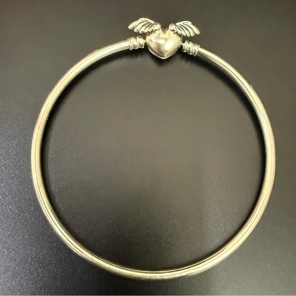 PANDORA 925 ALE Sterling Silver Winged Heart Always By Your side Bangle Bracelet - Image 2