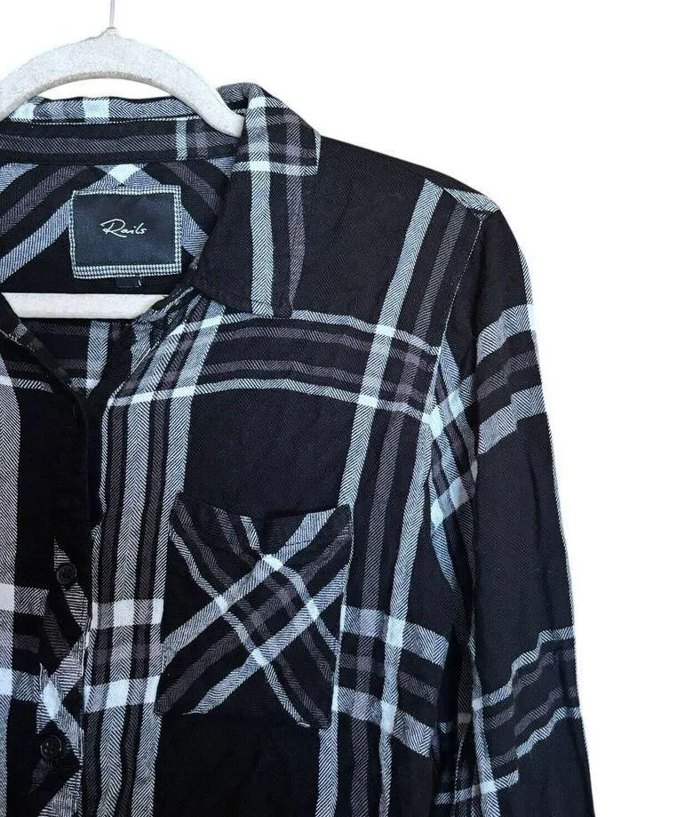 Rails Top Womens Small Multicolor Plaid Button Up Shirt Rayon Long Sleeve Blouse - Image 3