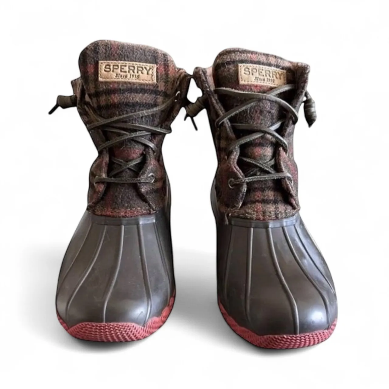 Sperry Womens Saltwater Brown Plaid Duck Boot Waterproof Outdoor Size 9 - Image 3