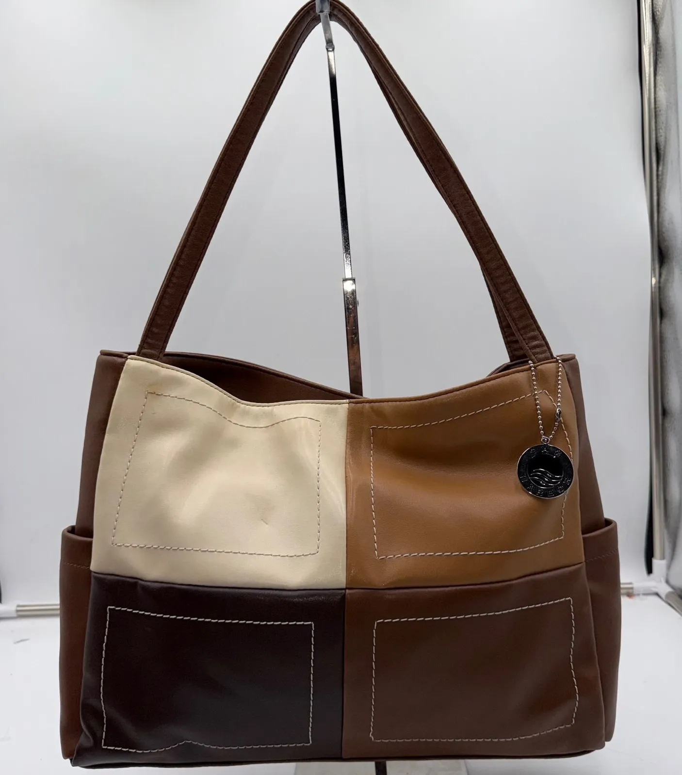 Sag Harbor Patchwork Shoulder Bag Brown Cream Faux Leather Tote Purse - Image 1