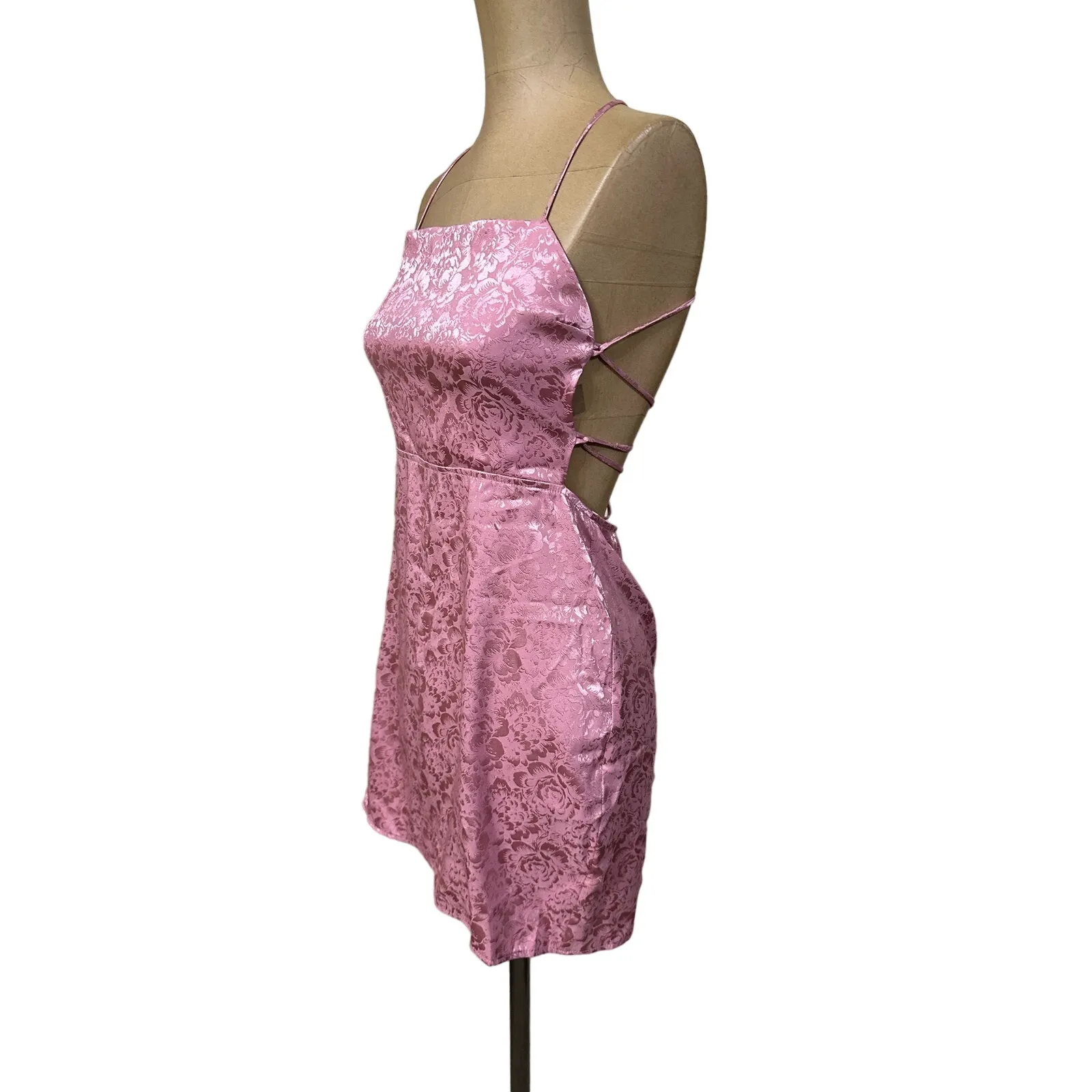 Resa Mini Dress Revolve Pink Rose Floral Satin Tie Back - Image 5