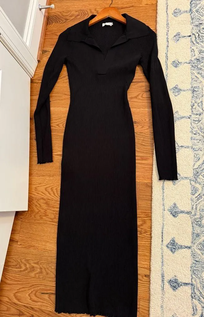 Good American Black Rib Knit Bodycon V-Neck Midi Dress - Image 7