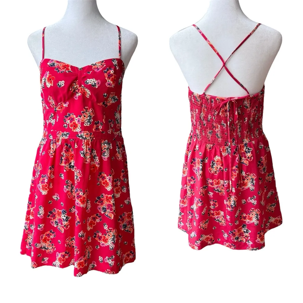 American Eagle Outfitters Red Floral Cross Tie Back Mini Dress w Pockets Sz 8 - Image 2