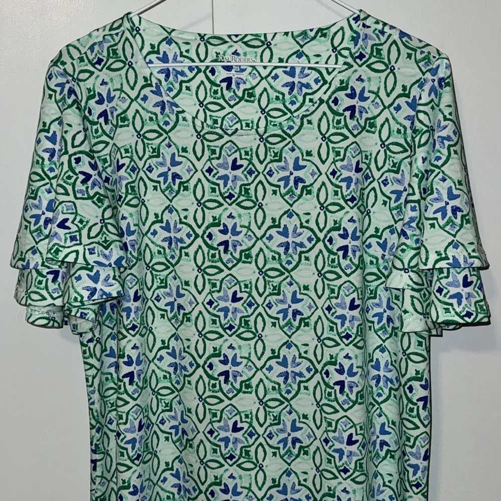 KIM ROGERS Sheath Dress w Layered Flutter Sleeve Green & Blue Women’s Medium M - Image 3