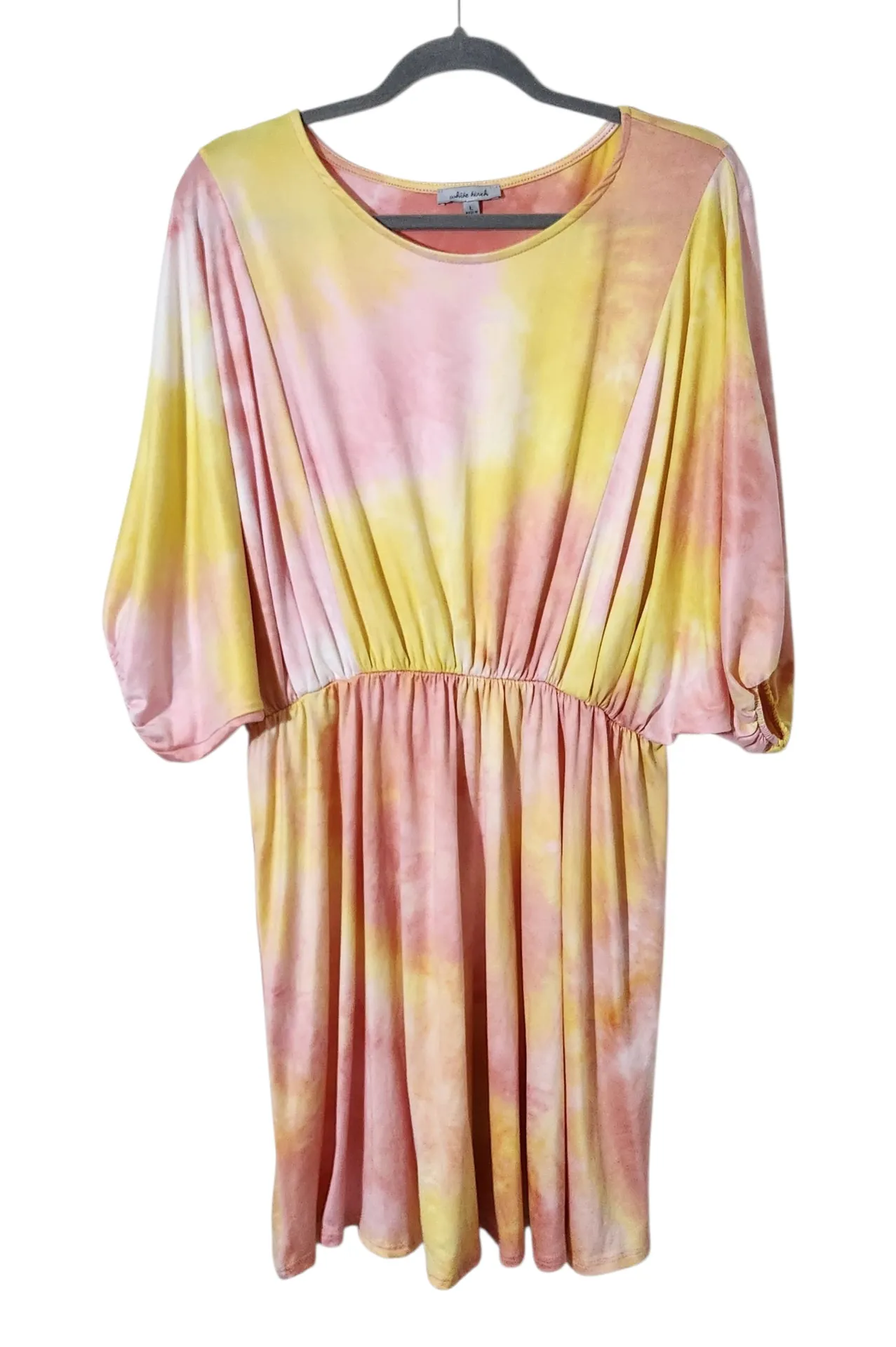 White Birch Boho Mini Dress Size Large Yellow and Pink Dyed Look Dress - Image 1