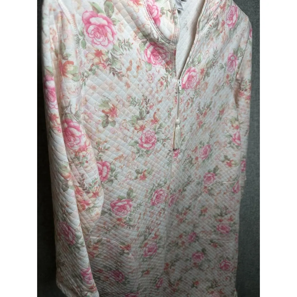 Miss Elaine Medium House Coat Robe Floral Womens Quilted Zip Pink White Womens - Image 15
